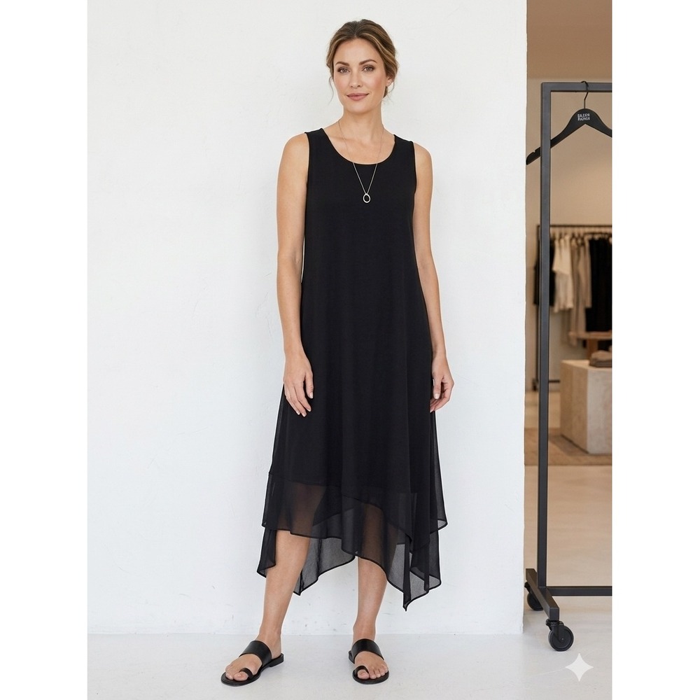 Eileen Fisher Black Sleeveless Midi Dress Handkerchief Hem Viscose Stretch Large